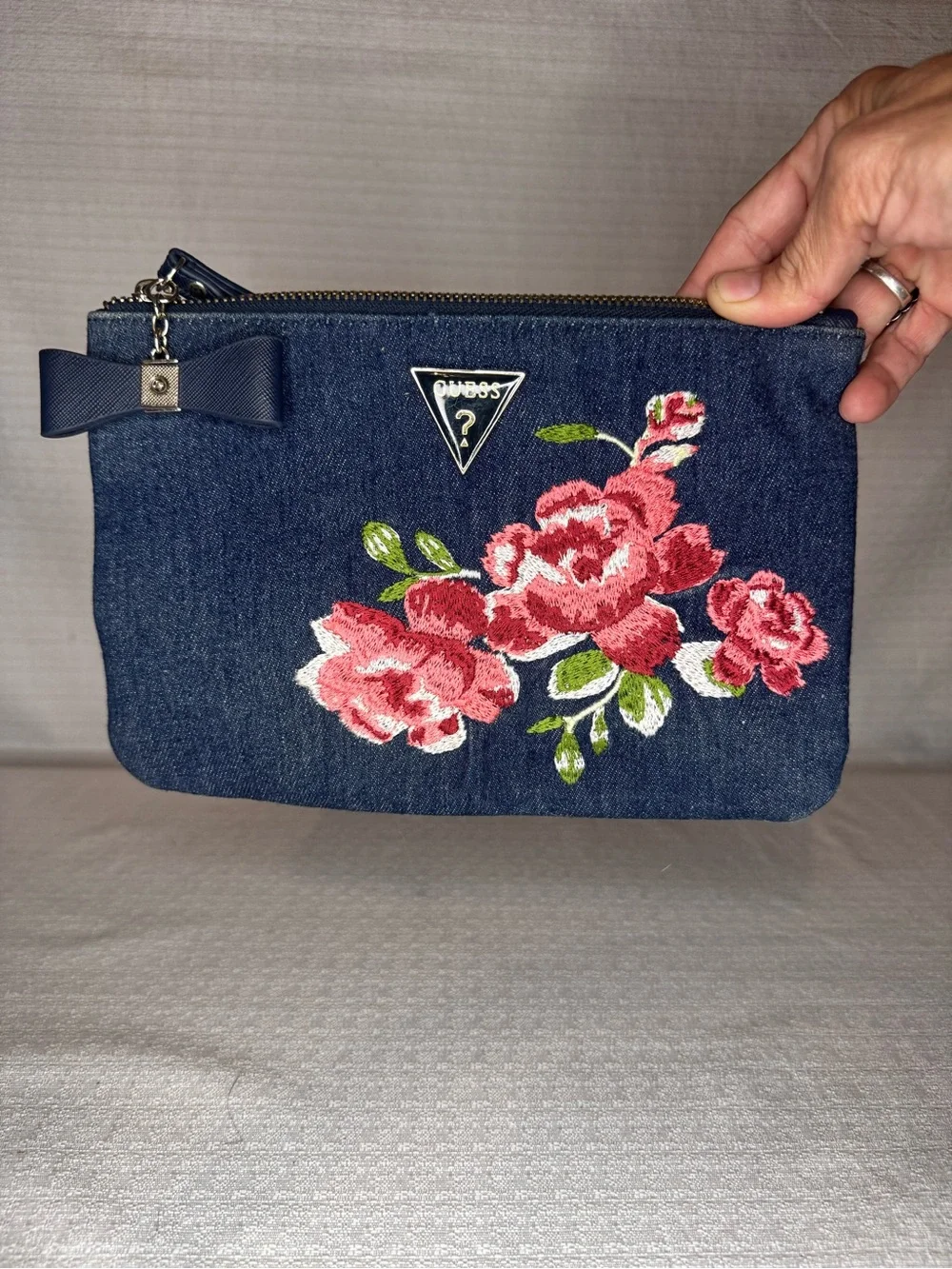 GUESS Denim Clutch with Rose embroidered